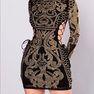 Sexy Black Gold Studded Mini Dress, sheer Long sleeve w/studs. Fashion Nova Med.